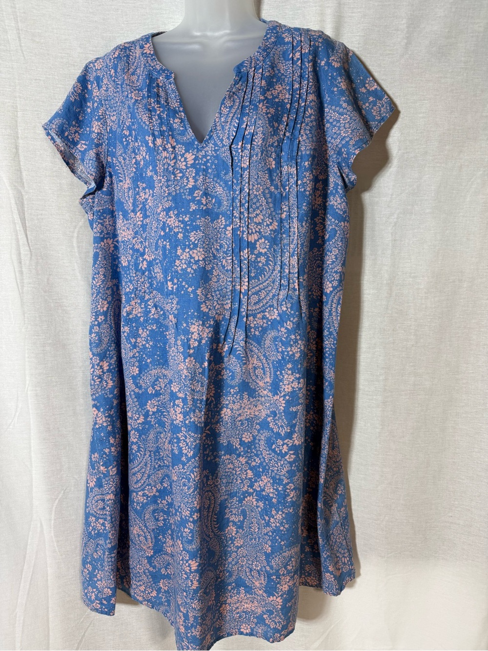 J. Jill Blue 100% linen Dress with Pink Floral Print Size XL